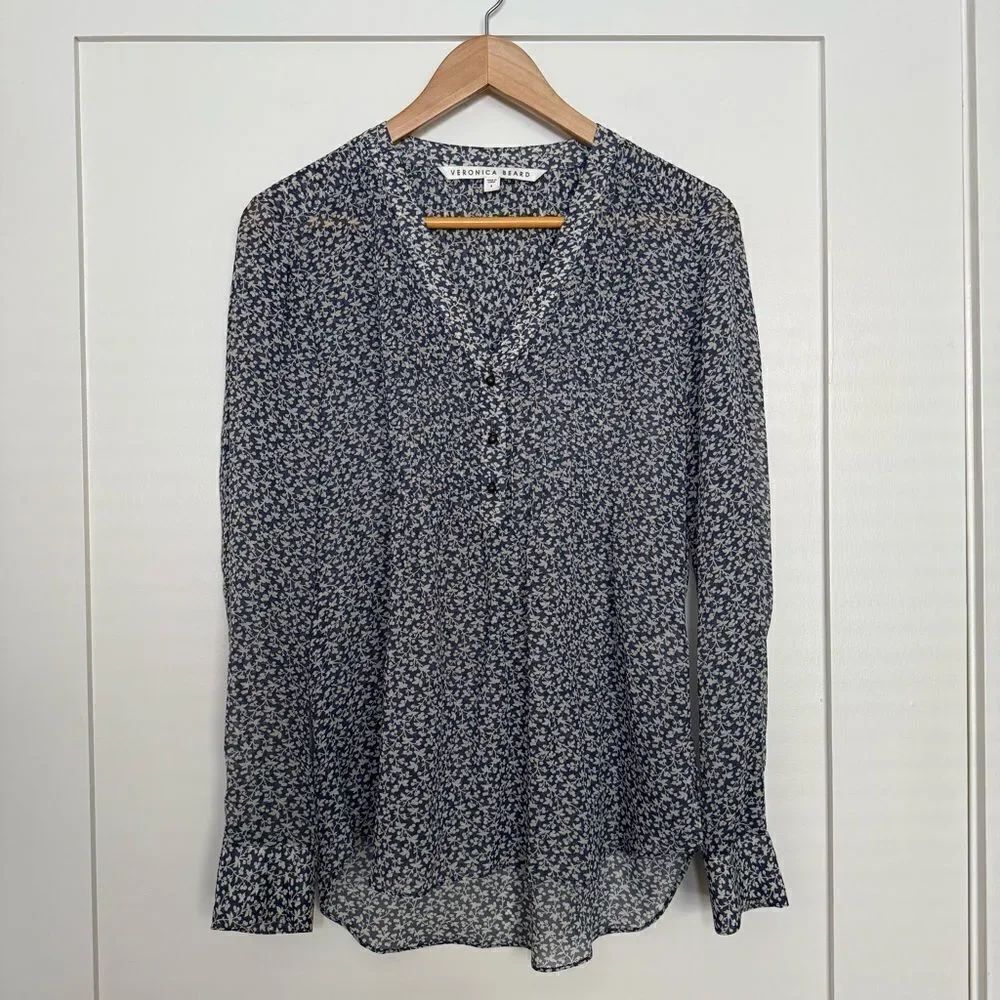 Veronica Beard Blouse Sz 4 Blue White Floral V Neck Long Sleeve Sheer Silk Boho